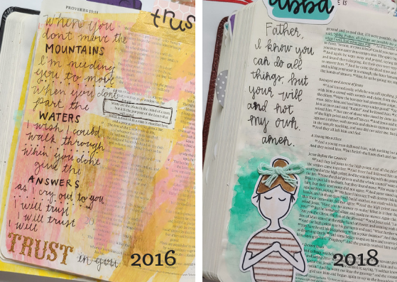 Bible journaling pages with acrylics paint, alphabet stickers and printable ephemera