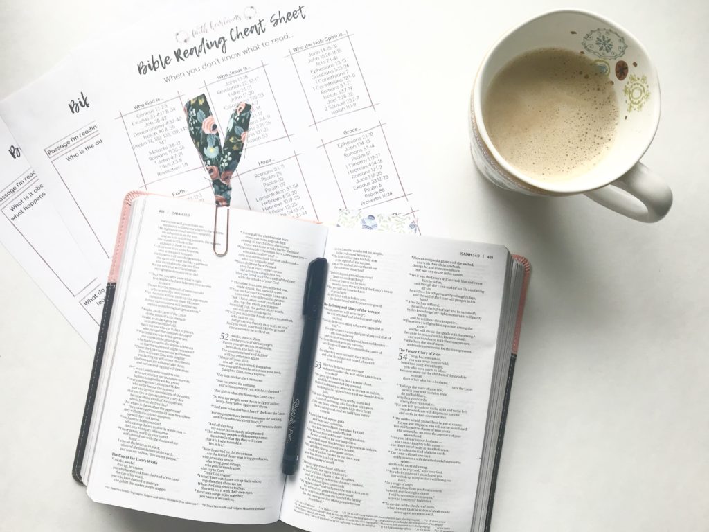 Open Bible with coffee and Bible reading cheat sheet. Handmade Rifle Paper Co. book mark.