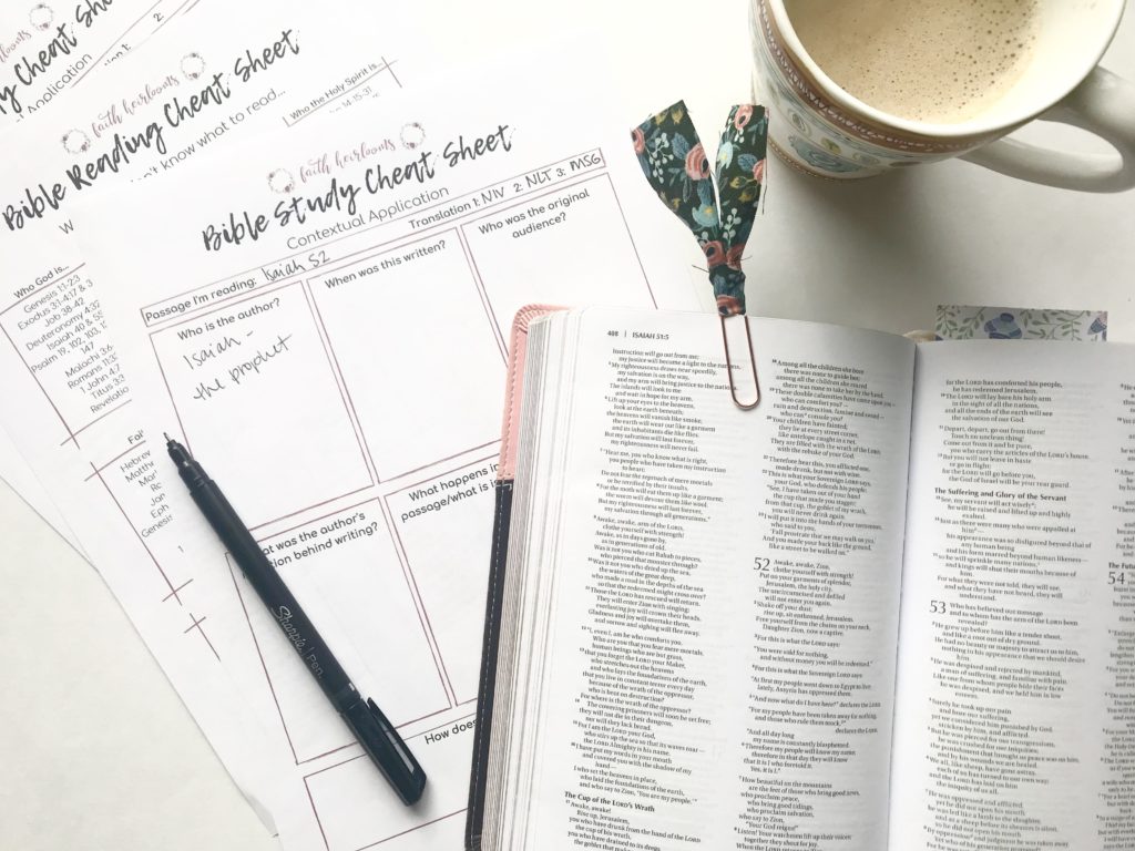 Open Bible and coffee with a Bible study cheat sheet and a handmade Rifle Paper Co. bookmark.